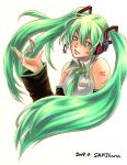 green_eyes green_hair hatsune_miku musical_note sakihana traditional_media twintails vocaloid 