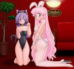   2girls animal_ears blue_eyes blush rabbit_ears bunny_tail bunnysuit cat_ears cat_tail high_heels kneel tagme  