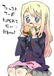  blonde_hair blue_eyes eating food hamburger k-on! ketchup kotobuki_tsumugi kuma_jet long_hair messy school_uniform sitting skirt solo translated 