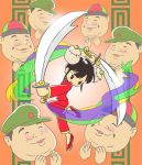  chinese_clothes clapping double_bun food nikuman original shuumai sword weapon 