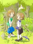  bag bi-nyo dimetrodon forest multiple_girls nature original school_bag school_uniform siblings twins unknown_animal 