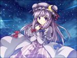  blush book book_hug bow crescent gin'ichi_(akacia) ginichi hair_bow hat long_hair looking_at_viewer night night_sky patchouli_knowledge purple_eyes purple_hair robe sky solo striped touhou violet_eyes 