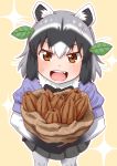  1girl ahoge animal_ears beige_background black_gloves black_hair black_skirt brown_eyes cacao_fruit common_raccoon_(kemono_friends) dirty dirty_clothes dirty_face eyebrows_visible_through_hair fang fur_collar gloves grey_hair highres holding_bag kemono_friends leaf leaf_on_head looking_at_viewer mud multicolored_hair open_mouth pantyhose pleated_skirt raccoon_ears short_sleeves skirt solo sparkle takatsuki_nao 