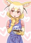  1girl :p animal_ears apron blonde_hair bow bowl bowtie chocolate commentary_request elbow_gloves extra_ears eyebrows_visible_through_hair fennec_(kemono_friends) fox_ears gloves heart heart_background highres japari_symbol_print kemono_friends looking_away multicolored_hair outline pink_background puffy_short_sleeves puffy_sleeves sash short_sleeves simple_background solo takatsuki_nao tongue tongue_out two-tone_hair valentine white_hair white_outline yellow_eyes yellow_neckwear 