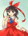  1girl :d ascot bangs black_hair blue_neckwear blunt_bangs blush brown_eyes commentary_request detached_sleeves eyebrows_visible_through_hair hair_ribbon hair_tubes hakurei_reimu hand_up looking_at_viewer open_mouth red_ribbon red_skirt red_vest ribbon sasa_kichi see-through short_hair skirt skirt_hold smile solo standing touhou upper_body vest wide_sleeves 