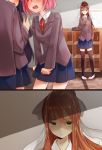  4girls arm_rest bangs black_legwear blazer blue_skirt blush bow breasts brown_hair check_commentary classroom clenched_hands closed_mouth collared_shirt commentary commentary_request day doki_doki_literature_club eba_games eyebrows_visible_through_hair frown green_eyes hair_between_eyes hair_bow highres indoors jacket long_hair long_sleeves looking_at_viewer monika_(doki_doki_literature_club) multiple_girls natsuki_(doki_doki_literature_club) neck_ribbon open_mouth pink_hair pleated_skirt ponytail purple_hair ribbon round_teeth sayori_(doki_doki_literature_club) school_uniform shirt shoes sidelocks skirt standing teeth thigh-highs uwabaki white_footwear white_shirt wing_collar yuri_(doki_doki_literature_club) zettai_ryouiki 