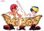  2girls 80s bathing bathtub blue_eyes blue_hair bubble creature dark_skin dirty_pair highres kei_(dirty_pair) leg_up long_hair multiple_girls official_art oldschool open_mouth red_eyes redhead shared_bathing short_hair soap_bubbles yuri_(dirty_pair) 