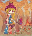  1girl :d american_flag_dress american_flag_legwear autumn_leaves blonde_hair clownpiece commentary_request eyebrows_visible_through_hair fairy_wings fire forest hat holding jester_cap leaf long_hair nature open_mouth sasa_kichi short_sleeves smile solo standing torch touhou triangle_mouth very_long_hair violet_eyes wings 