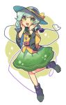  1girl :d ankle blouse blue_hair blue_hat blush boots bow bright_pupils commentary_request full_body green_eyes green_skirt hands_on_own_cheeks hands_on_own_face hat hat_bow highres komeiji_koishi long_sleeves looking_at_viewer open_mouth round_teeth sasa_kichi skirt smile solo standing standing_on_one_leg teeth touhou wide_sleeves yellow_blouse yellow_bow 