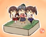  +++ 3girls :d =_= akagi_(kantai_collection) black_hair black_skirt blue_skirt blush brown_eyes brown_hair chibi closed_eyes commentary_request cross_section eating food grass hand_holding highres holding holding_food houshou_(kantai_collection) kaga_(kantai_collection) kantai_collection long_hair multiple_girls open_mouth orange_background pantyhose pleated_skirt ponytail red_skirt side_ponytail signature simple_background skirt smile taisa_(kari) walking white_legwear 