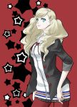  1girl atlus blonde_hair blue_eyes breasts cute hood hooded_jacket jacket long_hair looking_at_viewer megami_tensei moe oto_nagi pantyhose parted_lips persona persona_5 red_legwear school_uniform shuujin_academy_uniform skirt small_breasts smile solo star starry_background takamaki_anne twintails 