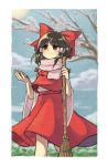  1girl black_eyes black_hair blush bow broom cherry_blossoms closed_mouth clouds commentary_request day hair_bow hair_tubes hakurei_reimu hands_up highres looking_up outdoors red_bow red_skirt red_vest sasa_kichi scan skirt smile solo touhou traditional_media tree vest 