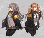  2girls 404_logo_(girls_frontline) absurdres armband bangs black_gloves black_legwear black_neckwear blush brown_eyes brown_hair clenched_hands cropped_legs crossed_bangs eyebrows_visible_through_hair fingerless_gloves flying_heart girls_frontline gloves hair_between_eyes hair_ornament hairclip highres hood hooded_jacket jacket long_hair looking_at_viewer midriff_peek multiple_girls neck_ribbon one_side_up open_clothes open_jacket pantyhose pleated_skirt ribbon scar scar_across_eye scarf shirt sidelocks simple_background skirt smile sobi_(dnenqkswja) strap twintails twitter_username ump45_(girls_frontline) ump9_(girls_frontline) waving white_shirt yellow_eyes 