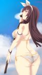  1girl absurdres artist_name ass bangs bikini breasts brown_hair clouds cloudy_sky comic cowboy_shot facu10mag fairy_tail grey_bikini hairband highres hime_cut holding holding_weapon kagura_mikazuchi katana long_hair looking_at_viewer looking_back profile side-tie_bikini sky standing swimsuit sword twisted_neck violet_eyes weapon 