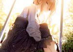  1girl atha_(leejuiping) blonde_hair blue_eyes eyebrows_visible_through_hair from_below gloves hair_between_eyes highres long_hair looking_at_viewer sitting solo sunlight violet_evergarden violet_evergarden_(character) 