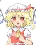  1girl ascot blonde_hair flandre_scarlet hand_on_own_chest hat highres looking_at_viewer mob_cap one_side_up open_mouth puffy_short_sleeves puffy_sleeves red_eyes red_skirt red_vest sasa_kichi sharp_teeth short_sleeves simple_background sketch skirt solo teeth touhou upper_body vest white_background white_hat wings yellow_neckwear 