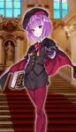  1girl belt beret black_gloves book breasts fate/grand_order fate_(series) flat_chest gloves hat helena_blavatsky_(fate/grand_order) highres looking_at_viewer matsuryuu pantyhose purple_hair short_hair small_breasts smile solo violet_eyes 
