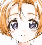  1girl bangs blue_eyes braid close-up closed_mouth commentary face girls_und_panzer highres kuroi_mimei looking_at_viewer orange_hair orange_pekoe parted_bangs short_hair simple_background smile solo tied_hair twin_braids white_background 