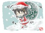  1girl ahoge black_hair blue_background boots braid chibi commentary_request fake_mustache fur_trim hat kantai_collection motion_lines red_footwear red_hat sack santa_costume santa_hat shigure_(kantai_collection) signature smile snow snowing solo taisa_(kari) walking 