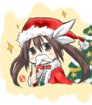  1girl absurdres blush bow bowtie brown_eyes brown_hair capelet chibi christmas_tree commentary_request fake_mustache fur_trim hair_between_eyes hair_bow hand_up hat highres kantai_collection looking_at_viewer orange_background red_hat red_neckwear santa_costume santa_hat signature simple_background sketch solo sparkle taisa_(kari) tone_(kantai_collection) twintails white_bow 
