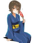  1girl arm_support bangs blue_kimono blush brown_eyes brown_hair fan flying_sweatdrops girls_und_panzer holding japanese_clothes kimono looking_at_viewer nishizumi_maho paper_fan parted_lips saikawa_yusa short_hair simple_background sitting sketch solo white_background 