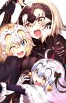  absurdres ahoge armor bell black_gloves blonde_hair blue_eyes blush chains cowboy_shot eyebrows_visible_through_hair fang fate/grand_order fate_(series) from_behind from_side gauntlets gloves headgear highres holding holding_weapon hug jeanne_d&#039;arc_(alter)_(fate) jeanne_d&#039;arc_(fate)_(all) multiple_girls one_eye_closed open_mouth ranf round_teeth short_hair sword teeth weapon white_hair yellow_eyes 