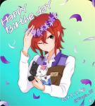  1boy aqua_background artist_name bag blush cardfight!!_vanguard cardfight!!_vanguard_g dated enishi_satoru flower green_eyes hair_flower hair_ornament happy_birthday one_eye_closed paper_bag petals redhead solo stuffed_animal stuffed_cat stuffed_toy tinuta_59 