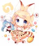  2girls animal_ears aqua_hair backpack bag blonde_hair blush bow bowtie commentary_request copyright_name cosplay elbow_gloves gloves hair_ornament hairclip haru431 hat hat_feather hatsune_miku helmet kaban_(kemono_friends) kaban_(kemono_friends)_(cosplay) kagamine_rin kemono_friends long_hair looking_at_viewer multiple_girls musical_note pith_helmet serval_(kemono_friends) serval_(kemono_friends)_(cosplay) serval_ears serval_print serval_tail shirt short_hair skirt sleeveless smile spoken_musical_note spoken_squiggle squiggle tail thigh-highs twintails vocaloid 
