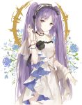  1girl black_ribbon blue_flower bracelet breasts choker cleavage cowboy_shot dress euryale eyebrows_visible_through_hair fate/hollow_ataraxia fate_(series) flower hairband jewelry lolita_hairband long_hair purple_hair ribbon simple_background sketch sleeveless sleeveless_dress small_breasts solo standing strapless strapless_dress twintails usachi very_long_hair violet_eyes white_background white_dress 