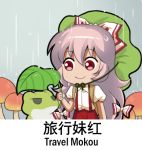  1girl chinese commentary_request cowboy_shot english eyebrows_visible_through_hair frog fujiwara_no_mokou green_hat grey_background hat holding holding_leaf leaf leaf_umbrella long_hair looking_at_another lowres mushroom pants puffy_short_sleeves puffy_sleeves rain red_eyes red_pants shangguan_feiying shirt short_sleeves smile standing suspenders touhou translation_request very_long_hair white_hair white_shirt 