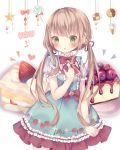  1girl :o bangs blue_dress blush cake commentary_request dress eyebrows_visible_through_hair food food_print frilled_dress frills fruit green_eyes hair_between_eyes hair_ribbon hand_on_own_chest heart highres light_brown_hair long_hair low_twintails original parted_lips print_dress puffy_short_sleeves puffy_sleeves red_ribbon ribbon short_sleeves slice_of_cake solo strawberry strawberry_print strawberry_shortcake tsuruse twintails very_long_hair white_background 