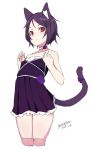  1girl animal_ears bangs bare_arms bare_shoulders blush cat_ears cat_girl cat_tail choker collarbone cowboy_shot cropped_legs dated dress eyebrows_visible_through_hair looking_at_viewer maze_(gochama_ze_gohan) original parted_bangs parted_lips pleated_dress purple_dress purple_hair purple_ribbon red_eyes ribbon short_hair signature simple_background sleeveless sleeveless_dress solo tail white_background white_choker 