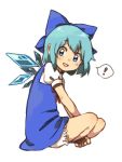  ! 1girl :d blue_bow blue_dress blue_eyes blue_hair bow cirno dress eyebrows_visible_through_hair from_side full_body hair_bow ice indian_style neck_ribbon open_mouth puffy_short_sleeves puffy_sleeves red_neckwear red_ribbon ribbon sasa_kichi short_hair short_sleeves simple_background sitting smile solo spoken_exclamation_mark touhou white_background 