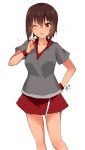  1girl artist_name bangs collar_tug dripping eyebrows_visible_through_hair girls_und_panzer grey_shirt hand_on_hip highres looking_at_viewer nishizumi_maho one_eye_closed open_mouth polo_shirt red_skirt saikawa_yusa shirt short_hair short_sleeves signature simple_background sketch skirt smile solo sportswear standing steam sweat sweating tennis_uniform white_background wristband 