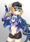  1girl ahoge artoria_pendragon_(all) black_hat black_legwear black_shorts blonde_hair blue_cape blue_gloves blue_panties breasts cape cleavage cleavage_cutout cowboy_shot cross_(crossryou) fate/grand_order fate_(series) fingerless_gloves gloves gradient gradient_background grey_background hat highleg highleg_panties holding holding_sword holding_weapon midriff mysterious_heroine_x navel open_clothes open_shorts panties short_shorts shorts small_breasts solo standing stomach sword thigh-highs underwear visor_cap weapon 