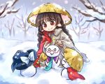  1girl ajirogasa bangs bare_tree black_hair black_hat blue_neckwear blunt_bangs bow braid broom cape cloak earlobes eyebrows_visible_through_hair hat long_hair pote_(ptkan) red_cape red_cloak red_eyes red_neckwear robe smile snow snowing snowman solo touhou tree twin_braids white_bow wide_sleeves winter witch_hat yatadera_narumi 