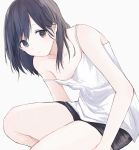 1girl bare_shoulders black_eyes black_hair breasts camisole collarbone commentary_request eyebrows_visible_through_hair looking_at_viewer medium_hair original shorts simple_background sleeveless small_breasts solo tank_top thighs white_background yukimori_nene 