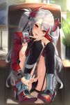  1girl azur_lane blush commentary_request eyebrows_visible_through_hair grey_hair highres long_hair looking_at_viewer multicolored_footwear open_mouth prinz_eugen_(azur_lane) smile solo sukocchi uniform 