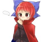 ... 1girl blue_bow blush bow cape closed_mouth commentary_request hair_bow hand_up high_collar long_sleeves nose_blush red_cape redhead sasa_kichi sekibanki sleeves_past_wrists solo spoken_ellipsis touhou upper_body 