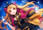  1girl :d asymmetrical_sleeves black_dress blonde_hair breasts cape dress dutch_angle ells ereshkigal_(fate/grand_order) eyebrows_visible_through_hair fate/grand_order fate_(series) floating_hair hair_ribbon long_hair medium_breasts open_mouth red_eyes red_ribbon ribbon short_dress smile solo very_long_hair 