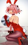  1boy alternate_costume animal_ears astolfo_(fate) backless_outfit black_legwear blush bow braid bunny_tail bunnysuit elbow_gloves fang fate/apocrypha fate_(series) gloves hair_bow high_heels highres kneeling long_hair looking_at_viewer male_focus open_mouth pantyhose pink_eyes pink_hair rabbit_ears single_braid single_glove smile solo tail trap 
