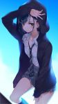  1girl alternate_costume blue_hair blush bra breasts closed_mouth collarbone commentary_request darling_in_the_franxx eyebrows_visible_through_hair green_eyes hair_ornament hairclip highres hood hoodie hym9594 ichigo_(darling_in_the_franxx) looking_at_viewer rain see-through shirt short_hair small_breasts solo underwear water wet wet_clothes wet_hair wet_shirt white_shirt 