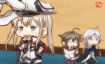  3girls :d admiral_(kantai_collection) ahoge black_gloves black_skirt blue_eyes blue_neckwear braid brown_hair chibi closed_eyes commentary_request elbow_gloves flying_sweatdrops gloves graf_zeppelin_(kantai_collection) grey_eyes hair_flaps hair_ornament hand_on_hip hat high_collar holding jacket jitome kantai_collection long_hair long_sleeves multiple_girls neckerchief open_mouth peaked_cap pleated_skirt puffy_short_sleeves puffy_sleeves purple_hair remodel_(kantai_collection) shigure_(kantai_collection) short_sleeves signature single_braid skirt smile taisa_(kari) twintails umikaze_(kantai_collection) 