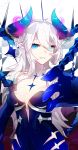  1girl allos blue_dress blue_eyes breasts cleavage diabla_(elsword) dress elsword highres horns long_hair luciela_r._sourcream medium_breasts parted_lips pointy_ears silver_hair smile solo standing strapless strapless_dress very_long_hair 