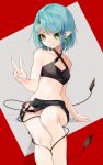  1girl aqua_hair bangs bare_arms bare_legs bare_shoulders black_bra bra closed_mouth collarbone criss-cross_halter demon_tail earrings flying_sweatdrops gotoh510 green_eyes grey_background halter_top halterneck highres jewelry looking_at_viewer micro_shorts o-ring original pointy_ears red_background shorts signature sitting smile solo stomach tail two-tone_background underwear v 