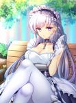  1girl agekichi_(heart_shape) apron azur_lane belfast_(azur_lane) bench braid breasts chains cleavage collar eyebrows_visible_through_hair french_braid frilled_apron frills gloves large_breasts maid_apron maid_headdress outdoors pantyhose silver_hair sitting solo tree violet_eyes white_apron white_gloves white_legwear 