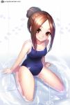  1girl alternate_hairstyle arms_at_sides artist_name bangs bare_arms bare_legs bare_shoulders barefoot black_hairband blue_swimsuit blush breasts brown_eyes brown_hair closed_mouth collarbone competition_school_swimsuit covered_navel eyebrows_visible_through_hair forehead full_body hair_bun hairband jurrig karakai_jouzu_no_takagi-san long_hair looking_at_viewer on_floor parted_bangs petals puddle shiny shiny_skin sidelocks sitting small_breasts smile solo swimsuit takagi-san tareme tile_floor tiles wariza water watermark web_address white_background 
