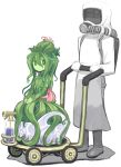  1boy 1girl boots closed_mouth commentary_request flower gas_mask green_eyes green_hair green_skin hair_between_eyes idon leaf long_sleeves looking_at_viewer monster_girl original plant_girl plant_hair simple_background standing tentacle white_background 