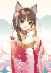  1girl :d animal animal_ears blush brown_hair commentary_request dog dog_ears floral_print flower grey_eyes hair_flower hair_ornament holding holding_animal holding_dog japanese_clothes kimono long_hair looking_at_viewer open_mouth original pink_flower print_kimono red_kimono smile solo yamiya year_of_the_dog 