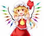  1girl ascot bangs blonde_hair claw_pose eyebrows_visible_through_hair fang fingernails flandre_scarlet frills hands_up hat hat_ribbon highres looking_at_viewer m9kndi mob_cap open_mouth puffy_short_sleeves puffy_sleeves red_eyes red_skirt ribbon short_sleeves simple_background skirt skirt_set solo touhou vest white_background white_hat wings wrist_cuffs yellow_neckwear 